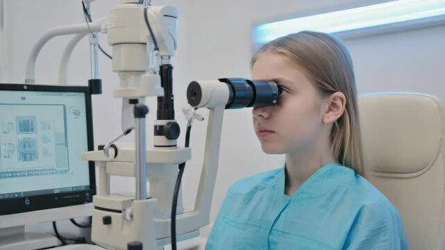 Girl receiving an eye exam at the optician's office.