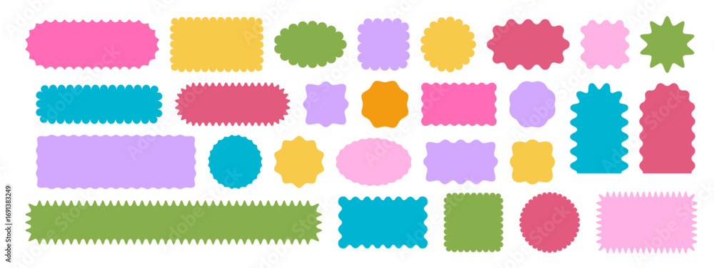 Poster colorful round and oval, rectangular and square, archway shapes with undulated edges. basic geometri
