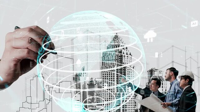 City civil planning and inventive real estate development . Architect people looking at abstract city sketch drawing to design creative future city building. Architecture dream and ambition concept.