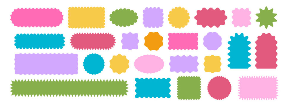 Colorful round and oval, rectangular and square, archway shapes with undulated edges. Basic geometric forms with scalloped borders. Empty textboxes, stickers, tags or labels. Vector flat illustration.