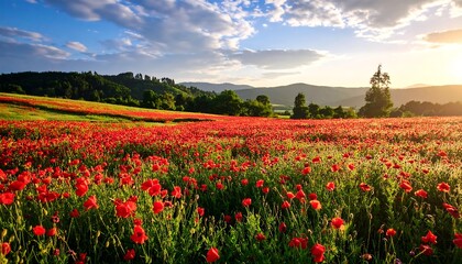 Lush red poppy field at sunset