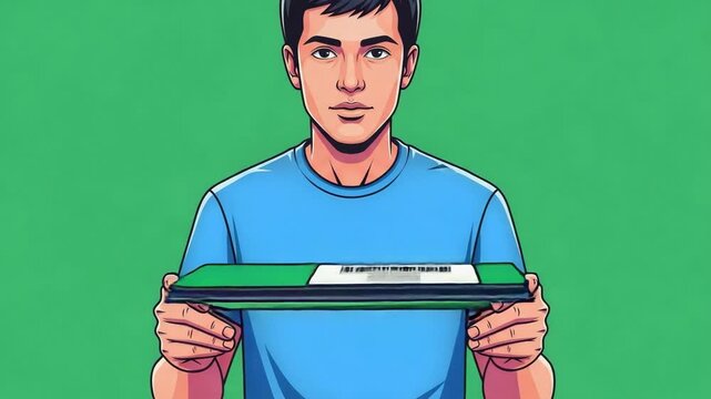 Young man holding a green folder reveals a barcode label on green background in a cartoon style, perfect for presentations and creative projects.