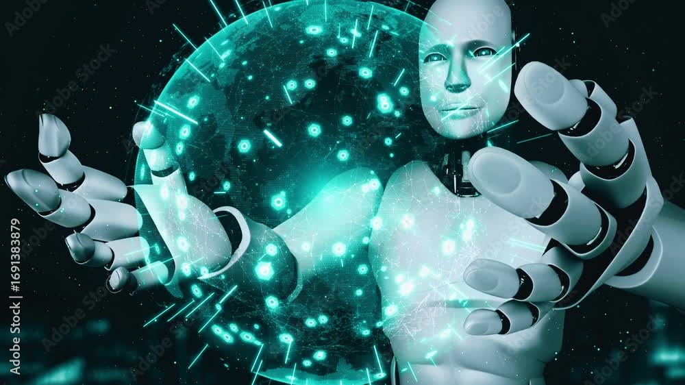 Aufkleber ai hominoid robot holding hologram screen shows concept of global communication network using artifi
