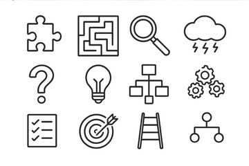 Problem-Solving Icon Set. Outline icon set of problem-solving workshops: puzzle piece, maze, magnifying glass, brainstorming cloud