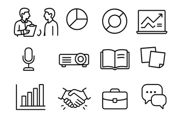 Professional Advice Icons. Outline icon set of Professional advice meeting: mentor with clipboard, mentee nodding, pie chart,