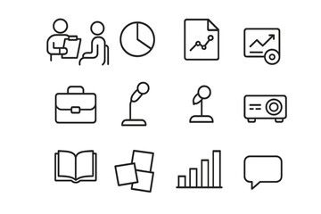 Professional Advice Icons. Outline icon set of Professional advice meeting: mentor with clipboard, mentee nodding, pie chart,