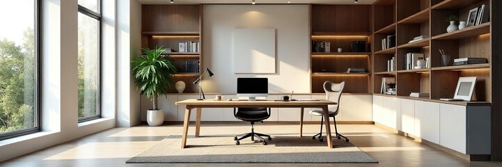 Sleek, modern custom office design featuring built-in shelving, a large desk, and natural light Perfect for a productive and stylish workspace , contemporary office, white walls, large desk