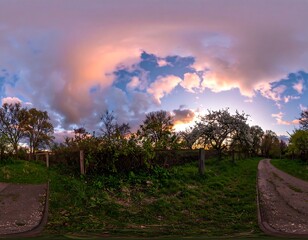 Panoramic sunset over a park