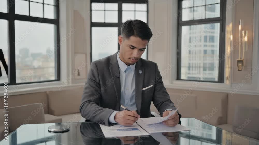 Poster a man in a suit is writing on a piece of paper. he is sitting at a table with a window behind him