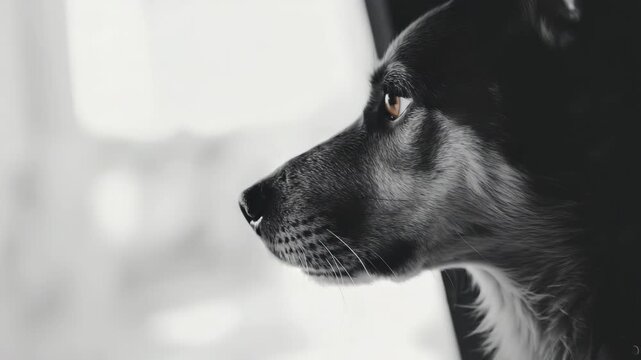 A poignant image of a sad-looking wolf-like mixed breed dog. The canine's expression is somber and contemplative as it gazes downward, possibly reflecting on its past or present.