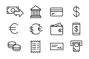 Remittance Icon Set. Outline icon set of remittances: money transfer arrow, bank building, credit card, dollar sign, euro sign,