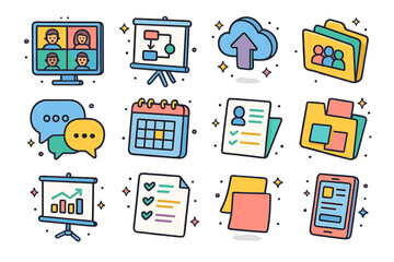 Fototapeta premium Remote Work Icons. Colorful isometric vector icons set of remote work collaboration: team video call, shared whiteboard, file