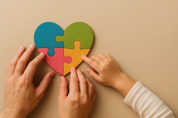 Hands of adults and child assembling a colorful heart shaped jigsaw puzzle together