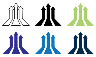 Three up arrow icon set isolated on white background. 3 arrows strips background, business arrow target direction concept to success. arrow, up, progress, upward, grow, increase, vector