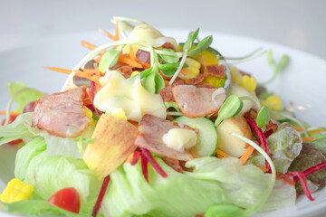 Close up of Home made caesar salad with bacon in ; Selective focus