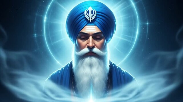 Serene depiction of a Sikh Guru meditating, radiating spiritual energy, captured with vibrant colors and ethereal light, symbolizing peace and wisdom, a visual representation of profound devotion