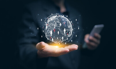 Global online market concept with digital globe, business network, and mobile technology, symbolizing international trade, e-commerce growth, and worldwide digital connection.