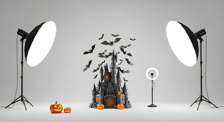 Creative Halloween studio setup with spooky castle, flying bats, and festive pumpkins, professionally lit by softbox and ring lights for seasonal content