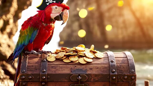 Pirate Parrot Guards Treasure Chest on Beach!