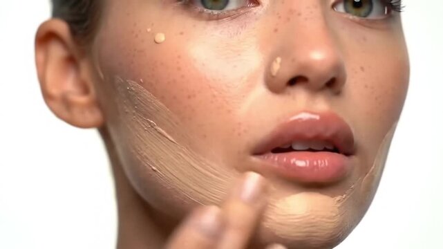 Close-up view of a woman applying foundation to her face, highlighting the application process for a flawless complexion