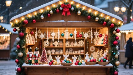 Cheerful Holiday Market Stall Decorated With Lights, Ornaments, and Festive Crafts During Winter Season