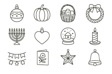 Seasonal Decor Icons. Outline icon set of vintage home decor with seasonal and holiday items: Christmas glass ornament, ceramic