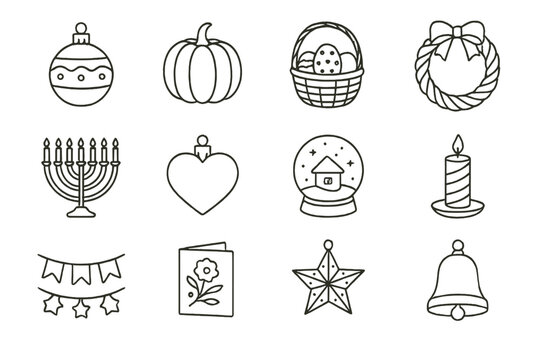 Seasonal Decor Icons. Outline icon set of vintage home decor with seasonal and holiday items: Christmas glass ornament, ceramic