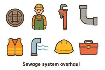 Sewage System Icons. Flat vector mini-illustrations Sewage system overhaul in colors children's illustrations: manhole cover,
