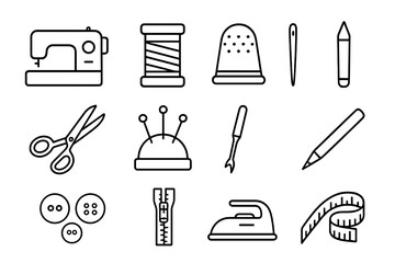 Sewing Essentials Icons. Outline icon set of sewing essentials: sewing machine, thread spool, thimble, hand needle, fabric shears,