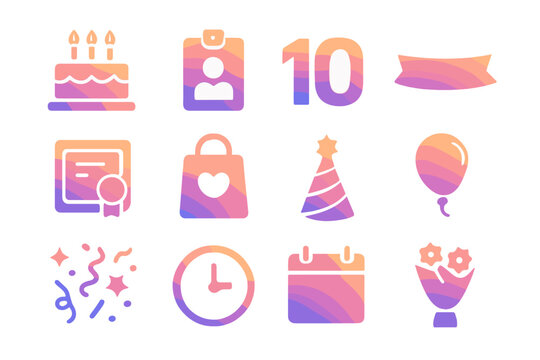 Service Anniversary Icons. Gradient icons set of service anniversary awards: birthday cake with candles, employee badge, years