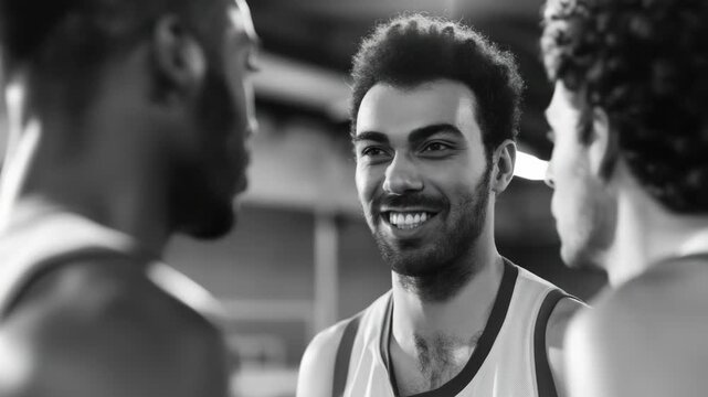 Friendly sports moment with players smiling at camera.