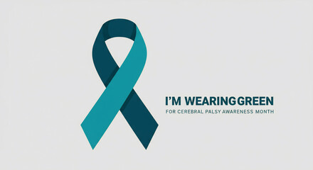 Teal and dark blue awareness ribbon illustration with text for Cerebral Palsy Awareness Month