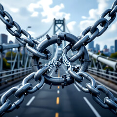 Suspension bridge leading to vibrant city skyline under blue sky with clouds, obstructed by massive interlocking silver chains in foreground creating contrast of freedom and restriction