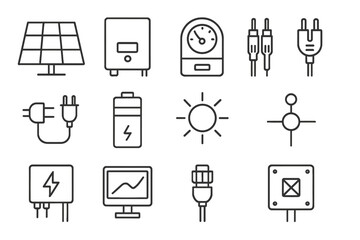 Solar Panel Icon Set. Outline icon set of solar panel integration: solar panel array, inverter box, smart meter, DC cable, AC
