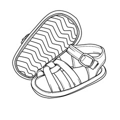 A simple line art illustration of a single baby sandal with a buckle and straps, shown next to its sole with a wavy pattern.