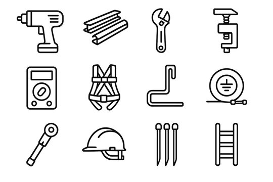 Solar Installation Tools. Outline icon set of solar installation tools: drill, mounting rails, adjustable wrench, panel clamp,