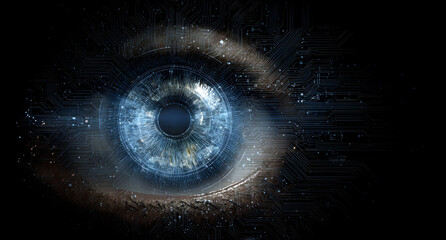 Human eye stares intensely with digital overlay, creating a futuristic and technological atmosphere with a sense of mystery and innovation.