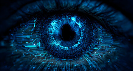 Human eye displaying digital circuit patterns represents technological advancement and the future of artificial intelligence, creating a sense of technological mystery.