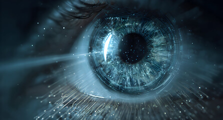 Closeup of a human eye reflecting digital light patterns, symbolizing future technology and artificial intelligence with a futuristic and mysterious mood.