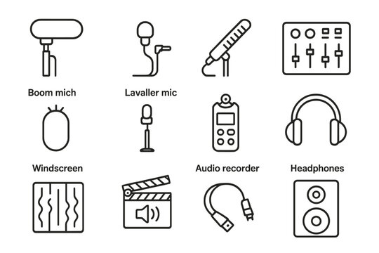 Sound Gear Icons. Outline icon set of sound recording gear: boom microphone, lavalier mic, shotgun mic, sound mixer, windscreen,