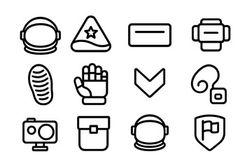Fototapeta premium Spacesuit Icon Set. Outline icon set of spacesuit personalization and identity: helmet, mission patch, name tag, wrist computer,
