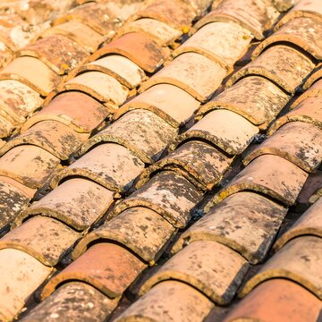 Aged terracotta roof tiles, sunlight