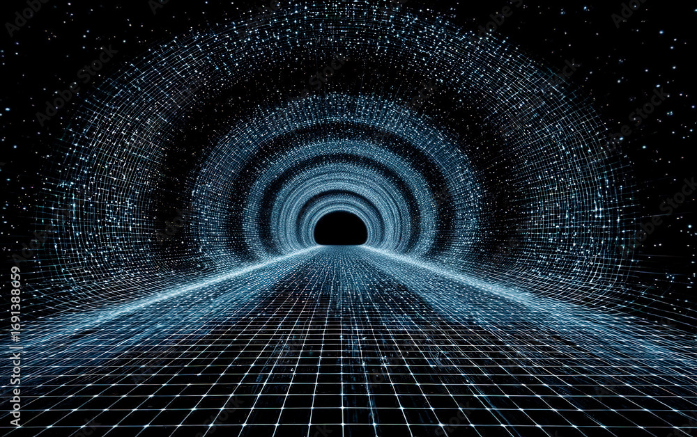 Aufkleber abstract digital tunnel with glowing particles and grid lines