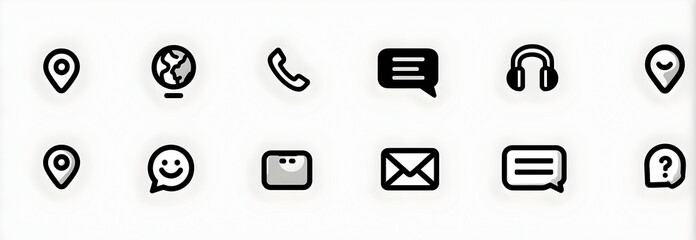 Collection of simple line symbols representing communication methods arranged on a white surface, suggesting modern connectivity and information access.