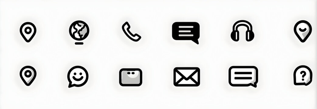 Collection of simple line symbols representing communication methods arranged on a white surface, suggesting modern connectivity and information access.