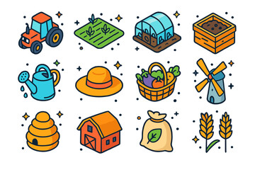Fototapeta premium Sustainable Farming Icons. Colorful isometric vector icons set of sustainable farming activism: tractor, organic field, greenhouse