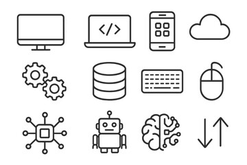 Tech Skill Icons. Outline icon set of technology and coding skills: computer monitor, laptop with code, smartphone with app, cloud