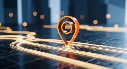 An orange 3D location pin highlights a spot on a dark, futuristic digital map with glowing data lines and bokeh
