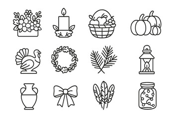 Thanksgiving Centerpiece Icons. Outline icon set of Thanksgiving centerpiece ideas: floral arrangement, candle holder, fruit