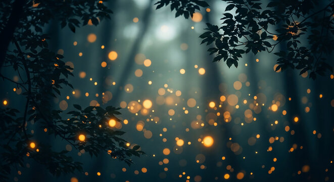 An enchanting and mysterious forest scene, beautifully illuminated by a multitude of glowing golden bokeh lights, creating a magical and tranquil atmosphere